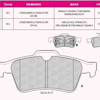 ARKA FREN BALATASI LAGUNA II III VECTRA C C MAX FOCUS II 04 /> FOCUS II C MAX (03 07) CONNECT 1.8TDCI 02 /> VOLVO S40 JAGUAR XF / XJ / XK MAZDA 3 MAZDA 5 P508 C5 III (ELEKTRIKLI IKINCIL FREN SISTEMLI) / (USTU SEGMANLI)