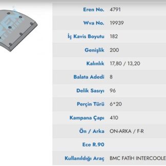 ON / ARKA FREN BALATASI PABUC BMC DEV FATIH YENI MODEL 220-26 (20 LİK) (S15088020)