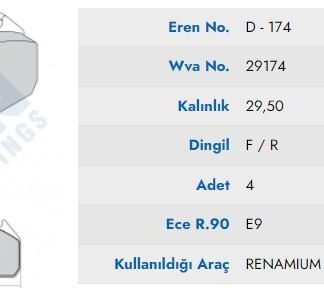 ON FREN BALATA RENAULT PREMIUM VOLVO 430/440/450/460 DXI 04-> AKSESUARSIZ (PREMIUM)