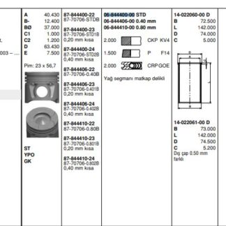 MOTOR SEGMAN FIORINO DOBLO PALIO ALBEA PUNTO 1,3 MULTIJET 16V 1,3JTD 16V 70HP LINEA PUNTO DOBLO 1,3JTD 90HP ASTRA CORSA 1,3CDTI 16V 70HP SUZUKI IGNES SWIFT WAGON R+Z13DT (1,3DDIS 16V) / (69,60MM) / (STD) OLCU: (2 * 1,5 * 2)
