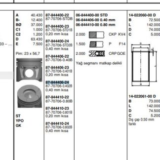 MOTOR PISTON+SEGMANI (RIKEN) AGILA 1.3 CORSA 1.3 MERIVA 1.3 TIGRA 1.3 ALBEA 1.3 MULTIJET DOBLO 1.3 MULTIJET PALIO 1.3 MULTIJET SUZUKI 1.3 MULTIJET Z 13DT 4 SIL. DIZEL 1248 CC-70 PS 18:1-TURBO, COMMON RAIL (EURO4) [(69,60MM) (+0,40MM FARKLI) (-0.40MM KISA)]