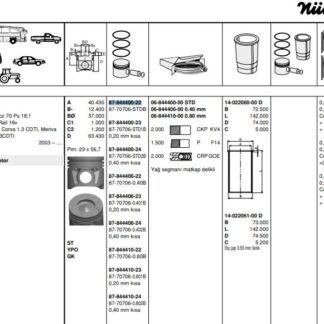 MOTOR PISTON+SEGMANI AGILA 1.3 CORSA 1.3 MERIVA 1.3 TIGRA 1.3 ALBEA 1.3 MULTIJET DOBLO 1.3 MULTIJET PALIO 1.3 MULTIJET SUZUKI 1.3 MULTIJET Z 13DT 4 SIL. DIZEL 1248 CC-70 PS 18:1-TURBO, COMMON RAIL (EURO4) (69,60MM STD)