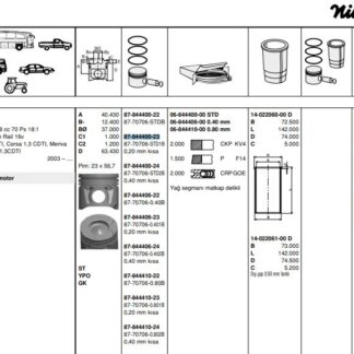 MOTOR PISTON+SEGMANI AGILA 1.3 CORSA 1.3 MERIVA 1.3 TIGRA 1.3 ALBEA 1.3 MULTIJET DOBLO 1.3 MULTIJET PALIO 1.3 MULTIJET SUZUKI 1.3 MULTIJET Z 13DT 4 SIL. DIZEL 1248 CC-70 PS 18:1-TURBO, COMMON RAIL (EURO4) [(69,60MM STD) (-0.20MM KISA)]
