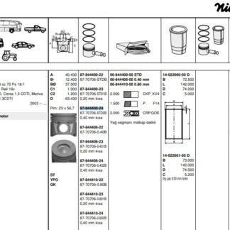 MOTOR PISTON+SEGMANI AGILA 1.3 CORSA 1.3 MERIVA 1.3 TIGRA 1.3 ALBEA 1.3 MULTIJET DOBLO 1.3 MULTIJET PALIO 1.3 MULTIJET SUZUKI 1.3 MULTIJET Z 13DT 4 SIL. DIZEL 1248 CC-70 PS 18:1-TURBO, COMMON RAIL (EURO4) [(69,60MM STD) (-0.40MM KISA)]