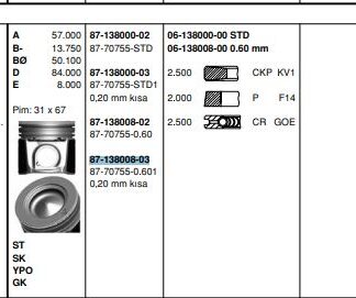 PISTON SEGMAN 0.60 20 KISA DUCATO 06> 2.3 JTD (EURO IV F1AE0481D) 88mm