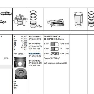 MOTOR PISTON+SEGMANI AGILA 1.3 CORSA 1.3 MERIVA 1.3 TIGRA 1.3 ALBEA 1.3 MULTIJET DOBLO 1.3 MULTIJET PALIO 1.3 MULTIJET SUZUKI 1.3 MULTIJET Z 13DT EURO 5 4 SIL. DIZEL 1248 CC-70 PS 18:1-TURBO, COMMON RAIL [(69,60MM) (+0,40MM FARKLI)]