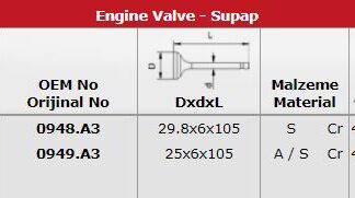 SUBAP TAKIM (EMME / EGSOZ) P307 P407 EXPERT III JUMPY III SCUDO III C5 II C8 C4 C4 PICASSO DW10BTED4 (2,0HDI 16V) MONDEO IV S MAX GALAXY 2,0TDCI 07 /> VOLVO C30 06>12 C70 II CABRIO 08> S40 II V50 04> V70 III 07> IN:8: (29,8*6*105) / EX 8: (25*6*105)