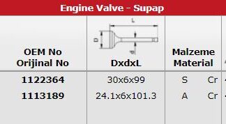 SUBAP (EMME / EGSOZ) TAKIM FOCUS 1,6 ZETEC S 16V 100PS / 115PS 03 /> IN 8: (30 * 6×99) / EX 8: (24,1 * 6×101,3) / (G0402) (STD)