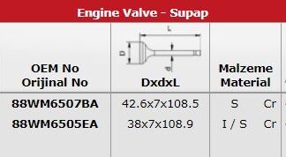 SUBAP (EMME / EGSOZ) TAKIM SIERRA SCORPIO 2,0 DOHC (88 95) IN 8: (42,6×7 * 108,5) / EX 8: (38×7 * 108,9) (STD)