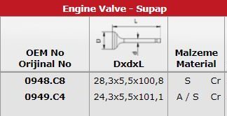 SUBAP TAKIMI EMME / EGSOZ C3 P1007 P207 P307 C4 ET3J4 (1,4I 16V) OLCU: IN 8 (28,3*5,5*100,8) / EX 8 (24,3*5,5*101,1)