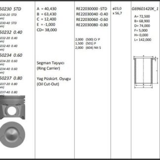 MOTOR PISTON+SEGMANI (RIKEN) AGILA 1.3 CORSA 1.3 MERIVA 1.3 TIGRA 1.3 ALBEA 1.3 MULTIJET DOBLO 1.3 MULTIJET PALIO 1.3 MULTIJET SUZUKI 1.3 MULTIJET Z 13DT EURO 4 4 SIL. DIZEL 1248 CC-70 PS 18:1-TURBO, COMMON RAIL [(69,60MM) (+0,40MM FARKLI)]