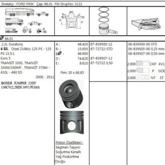 MOTOR PISTON SEGMANI (86,50MM) / (0,50 FARKLI) BOXER III JUMPER III 22DT PUMA 100BG 120BG 130CV (2,2HDI 16V) / (03,01,2011>) TRANSIT 140PS 2,2TDCI EURO5 (06 11)