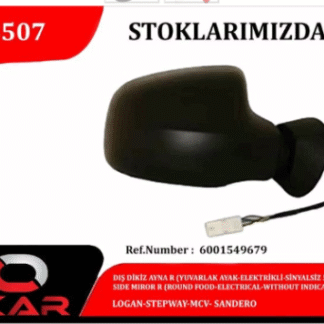 Dış Dikiz Ayna Sağ Yuvarlak Ayak Elektrikli Sinyalsiz 5 Pinli Logan Stepway MCV  Sandero DEKAR DK8507