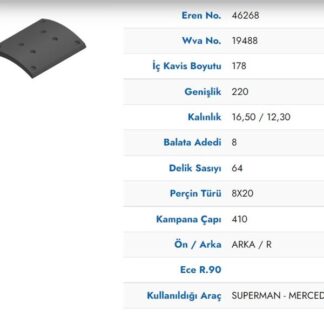 ARKA FREN BALATASI KAMPANA TK PABUC MERCEDES AXOR SUPER MAN OTOBUS (22mm) (FULL ORGANİK)