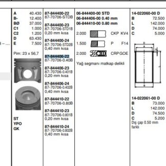 MOTOR PISTON+SEGMANI AGILA 1.3 CORSA 1.3 MERIVA 1.3 TIGRA 1.3 ALBEA 1.3 MULTIJET DOBLO 1.3 MULTIJET PALIO 1.3 MULTIJET SUZUKI 1.3 MULTIJET Z 13DT EURO 4 4 SIL. DIZEL 1248 CC-70 PS 18:1-TURBO, COMMON RAIL [(69,60MM) (+0,40MM FARKLI)]