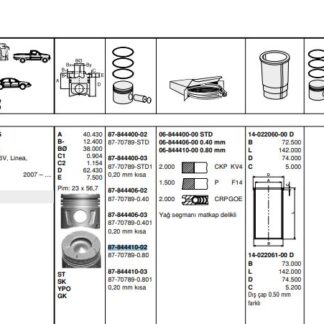 MOTOR PISTON+SEGMANI ASTRA J CORSA D GRANDE PUNTO1.3CDTI 16V LINEA GRANDE PUNTO 199A3000 MULTIJET – Z13 DTH-A13DTE 16V 4 SIL. DIZEL 1248 CC-66 KW 90PS (EURO 5) [(69,60MM +0,80MM)]