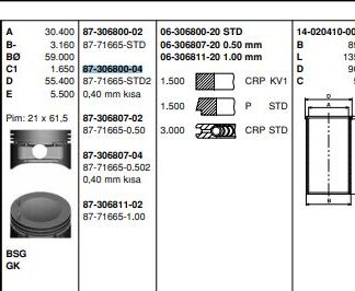 MOTOR PISTON+SEGMANI ASTRA VECTRA OMEGA 2,0 16V (86,00mm / 0,40mm) / (STD)
