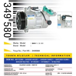 KLİMA KOMPRESÖRÜ BMW 1 (E81,E82,E87,E88) 3 (E90,E91,E92,E93) 04<13 X1 (E84) 10<15 [6PK – V KAYIŞ KASNAĞI] [110mm]