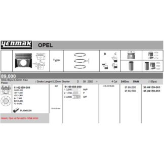 MOTOR PISTON+SEGMAN MASTER 2.5 DCI-MOVANO 2.5CDTI (G9U) 115HP EURO3 (89.00MM) / (+0.50MM) / (-0.20MM KISA)