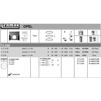 MOTOR PISTON+SEGMAN KOMPLE (0,50) 73.00MM CORSA B X12XE CORSA C ASTRA G AGILA A Z12XE